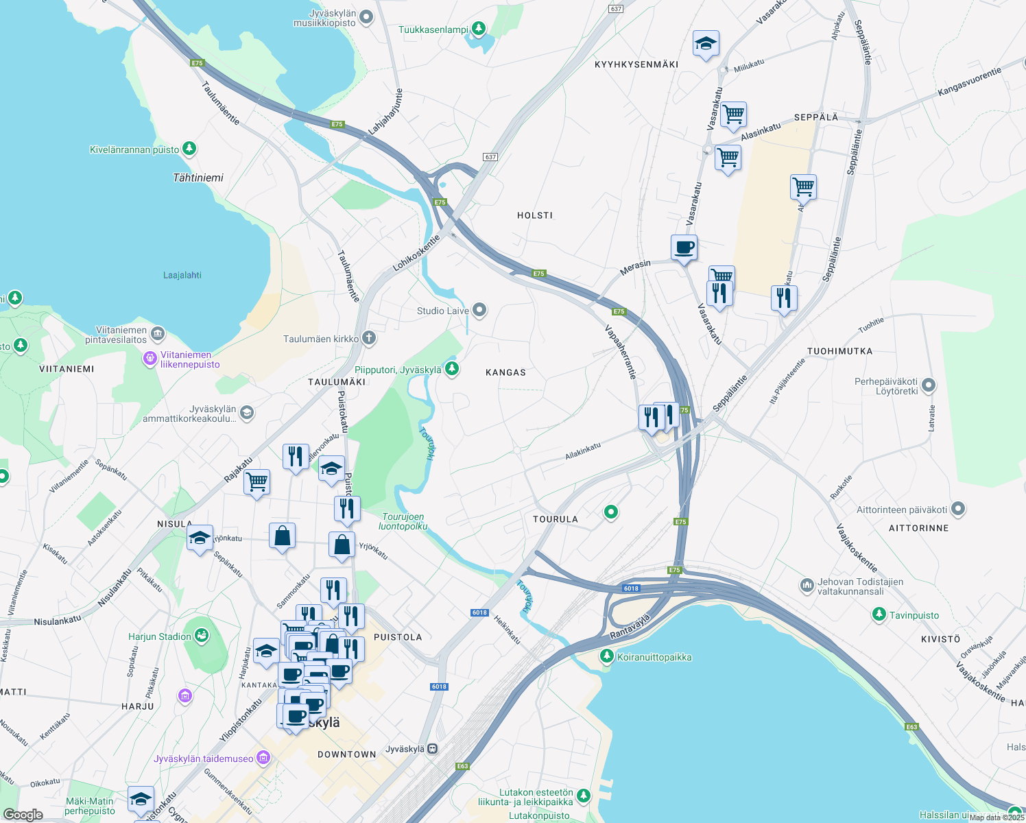 map of restaurants, bars, coffee shops, grocery stores, and more near in Jyväskylä
