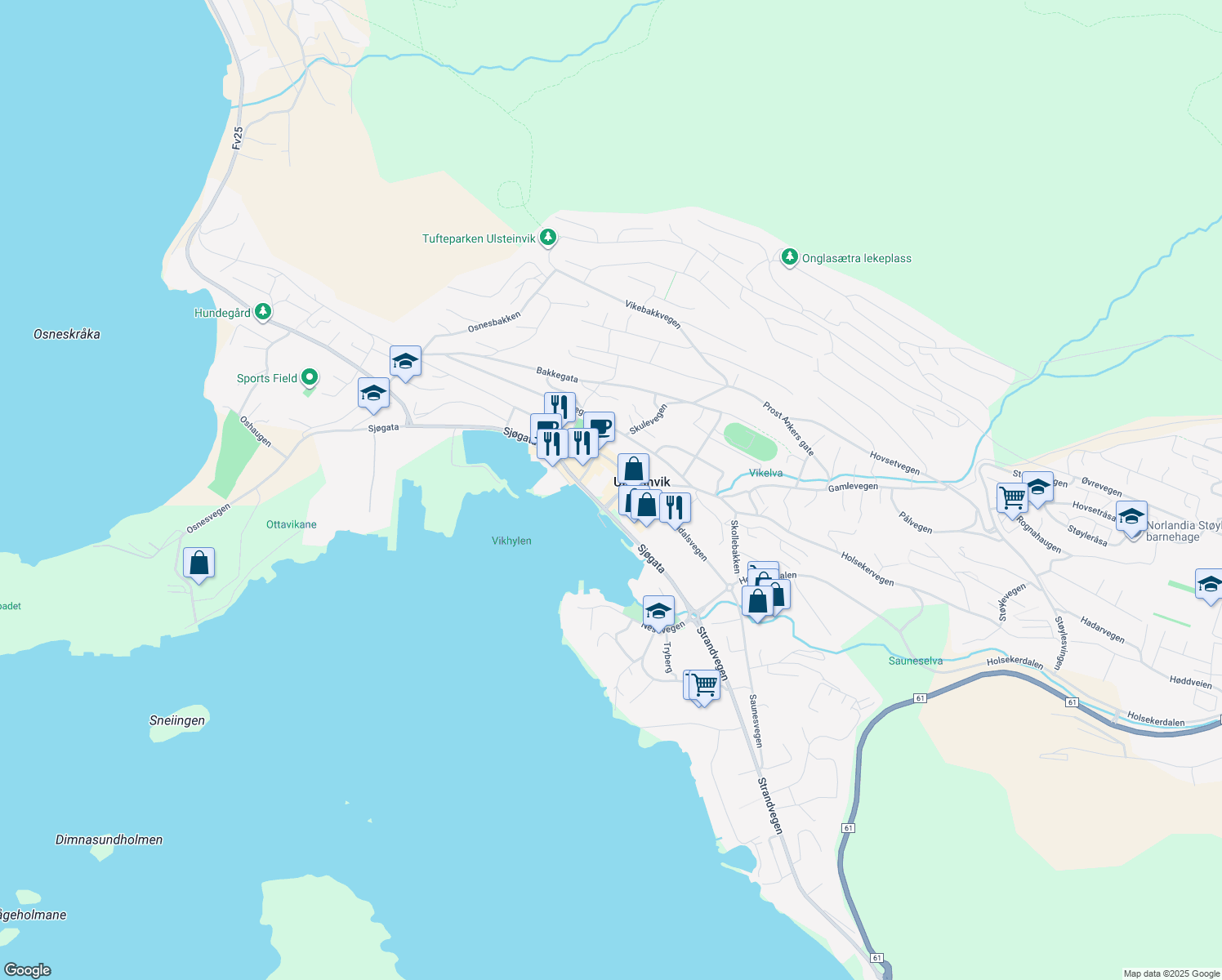 map of restaurants, bars, coffee shops, grocery stores, and more near 45 Sjøgata in Ulsteinvik