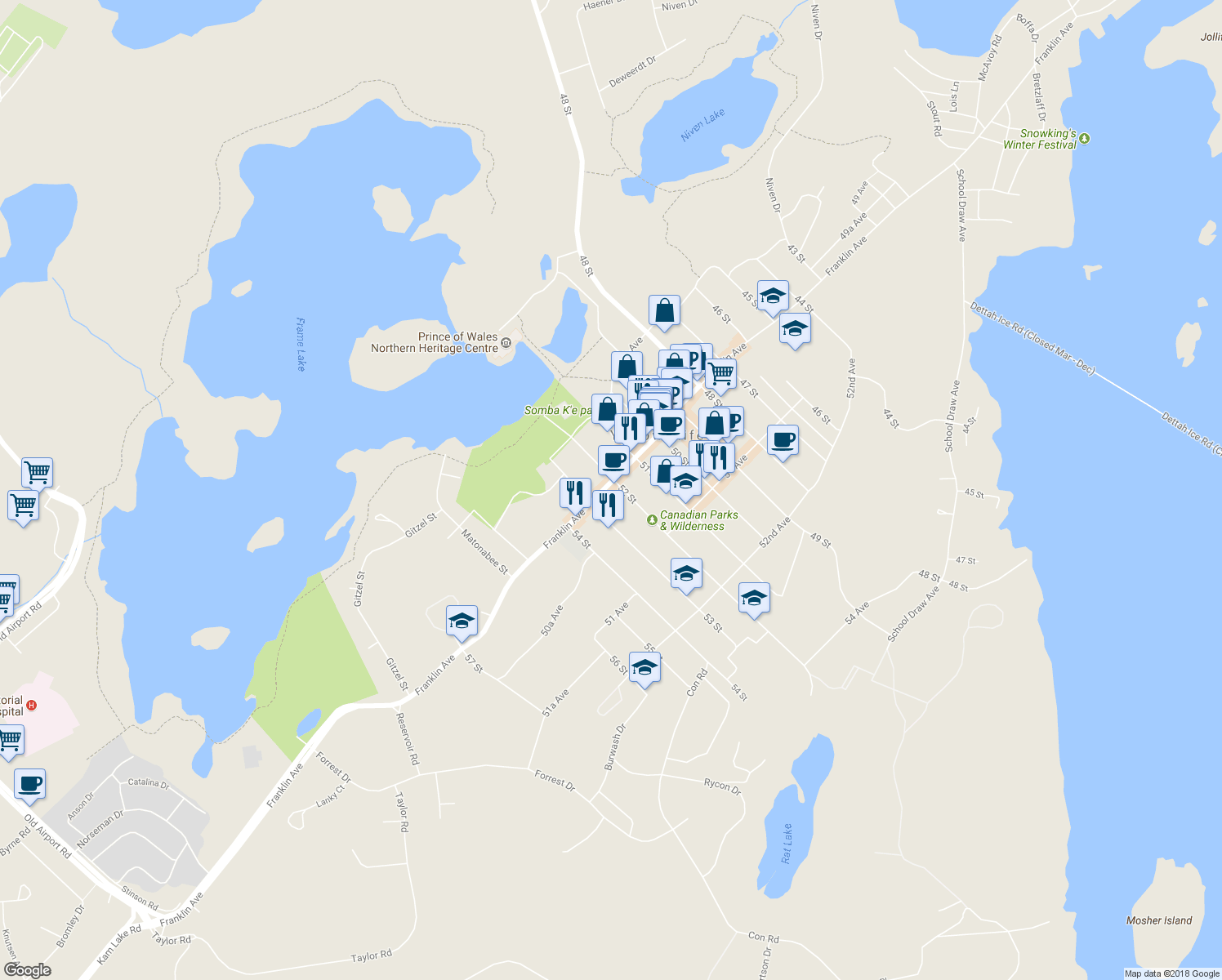 map of restaurants, bars, coffee shops, grocery stores, and more near 5201 Franklin Avenue in Yellowknife