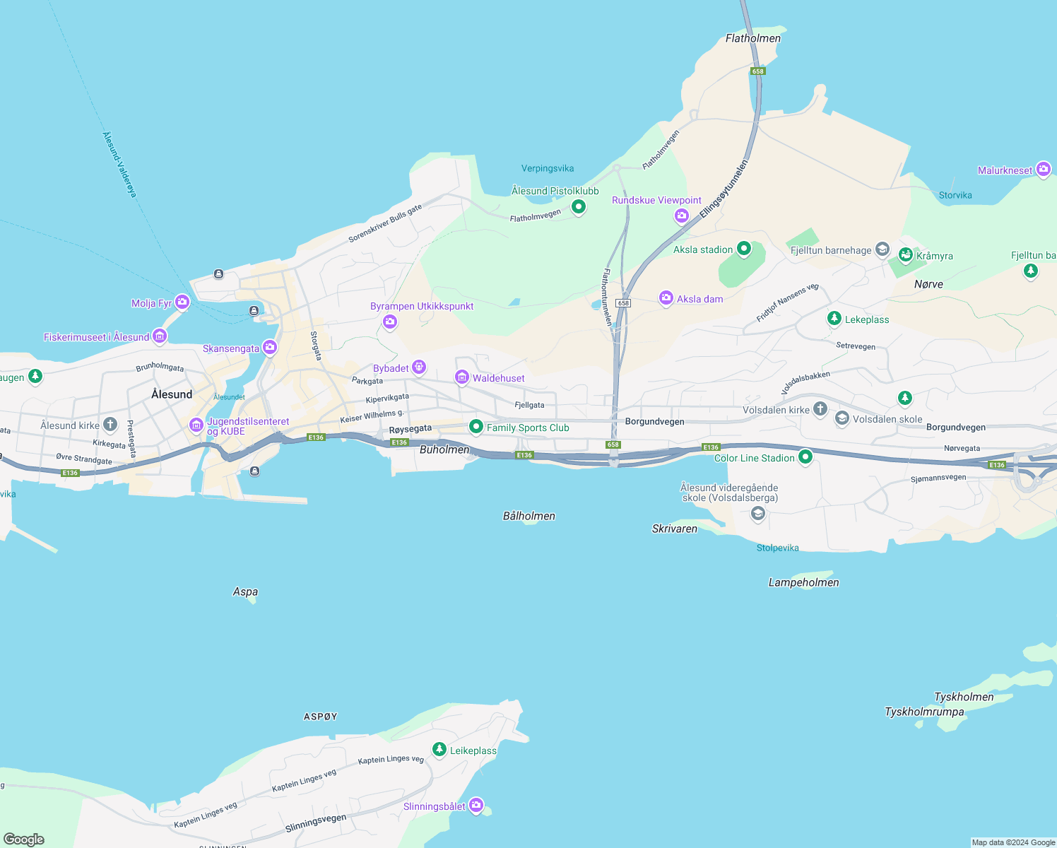 map of restaurants, bars, coffee shops, grocery stores, and more near 24 Borgundvegen in Alesund