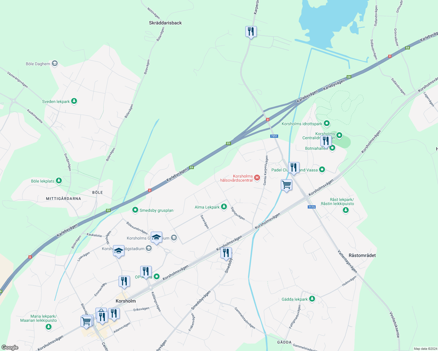 map of restaurants, bars, coffee shops, grocery stores, and more near 1 Sabinavägen in Vasa