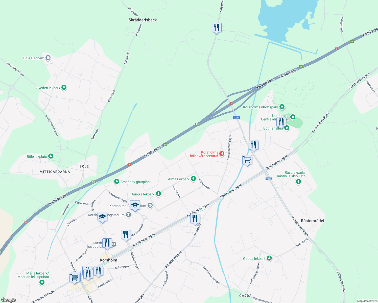 map of restaurants, bars, coffee shops, grocery stores, and more near 1 Sabinavägen in Vasa