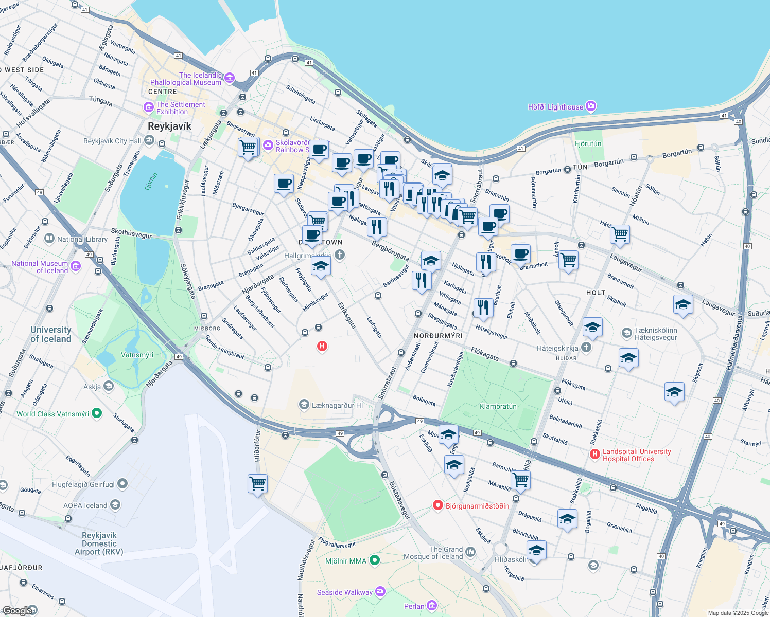 map of restaurants, bars, coffee shops, grocery stores, and more near Egilsgata in Reykjavík