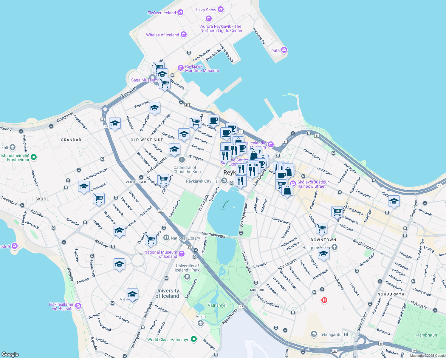 map of restaurants, bars, coffee shops, grocery stores, and more near in Reykjavík