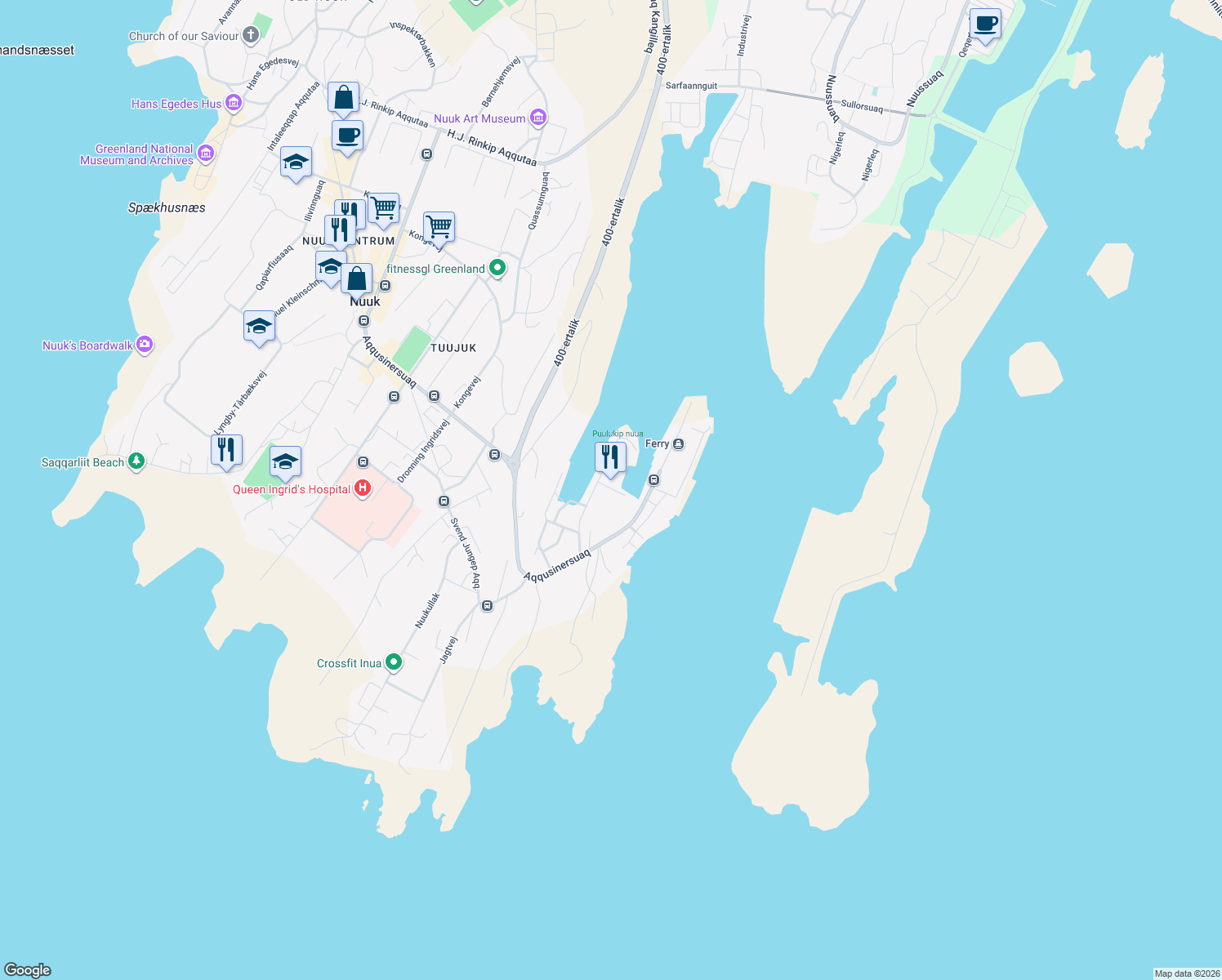 map of restaurants, bars, coffee shops, grocery stores, and more near Qasapi in Nuuk