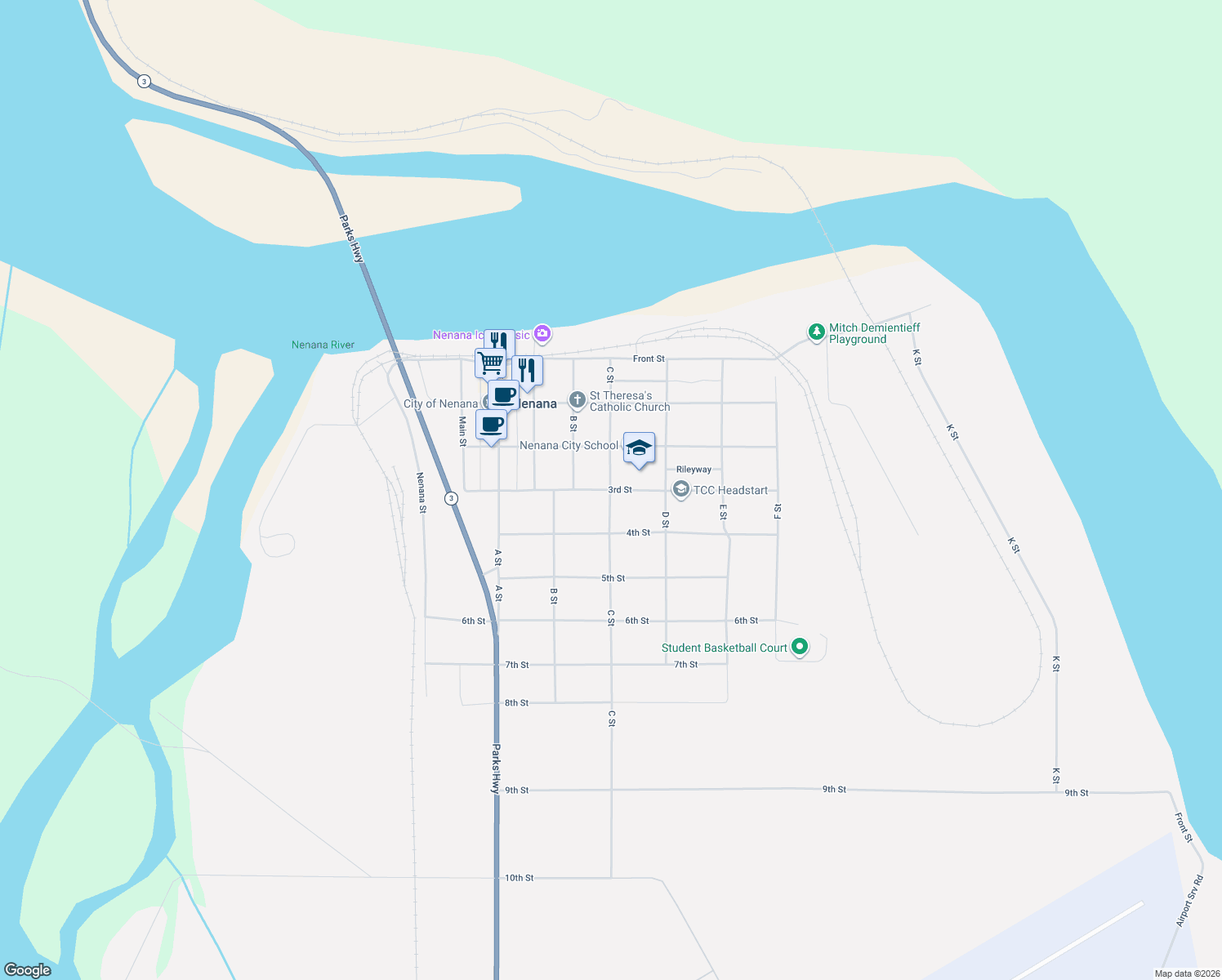 map of restaurants, bars, coffee shops, grocery stores, and more near 3rd Street in Nenana