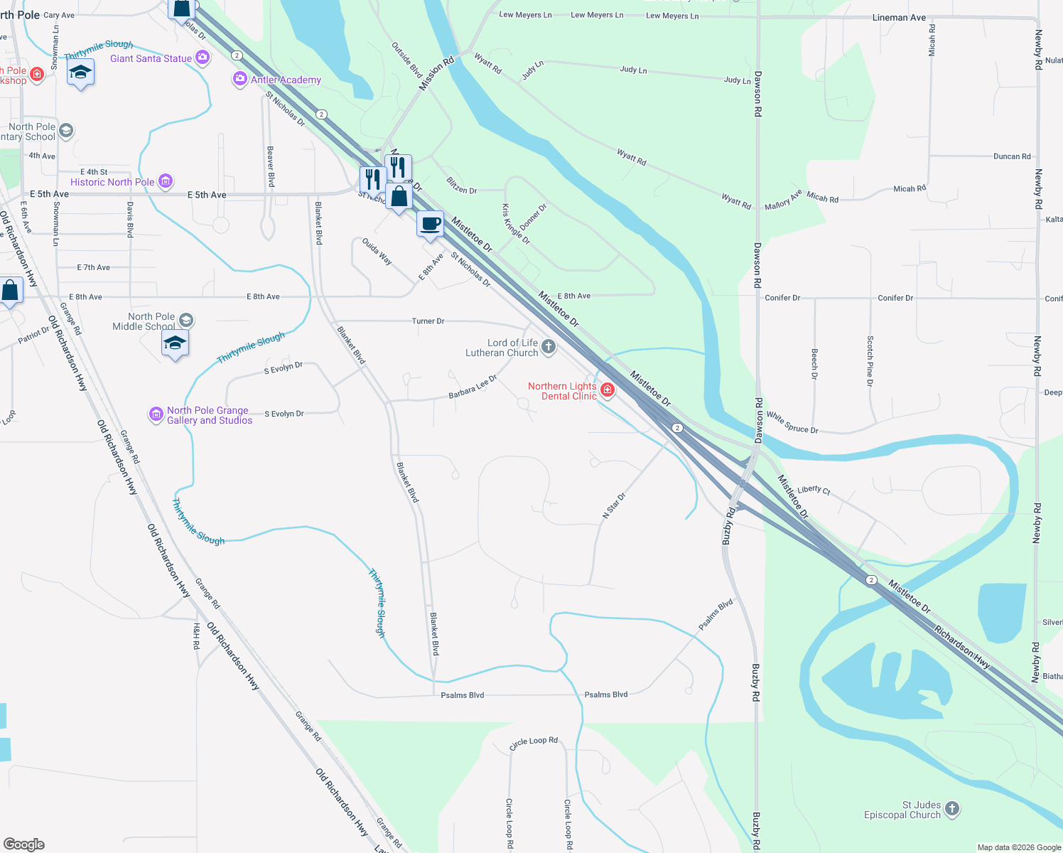 map of restaurants, bars, coffee shops, grocery stores, and more near 1015 Shirley Turnaround in North Pole