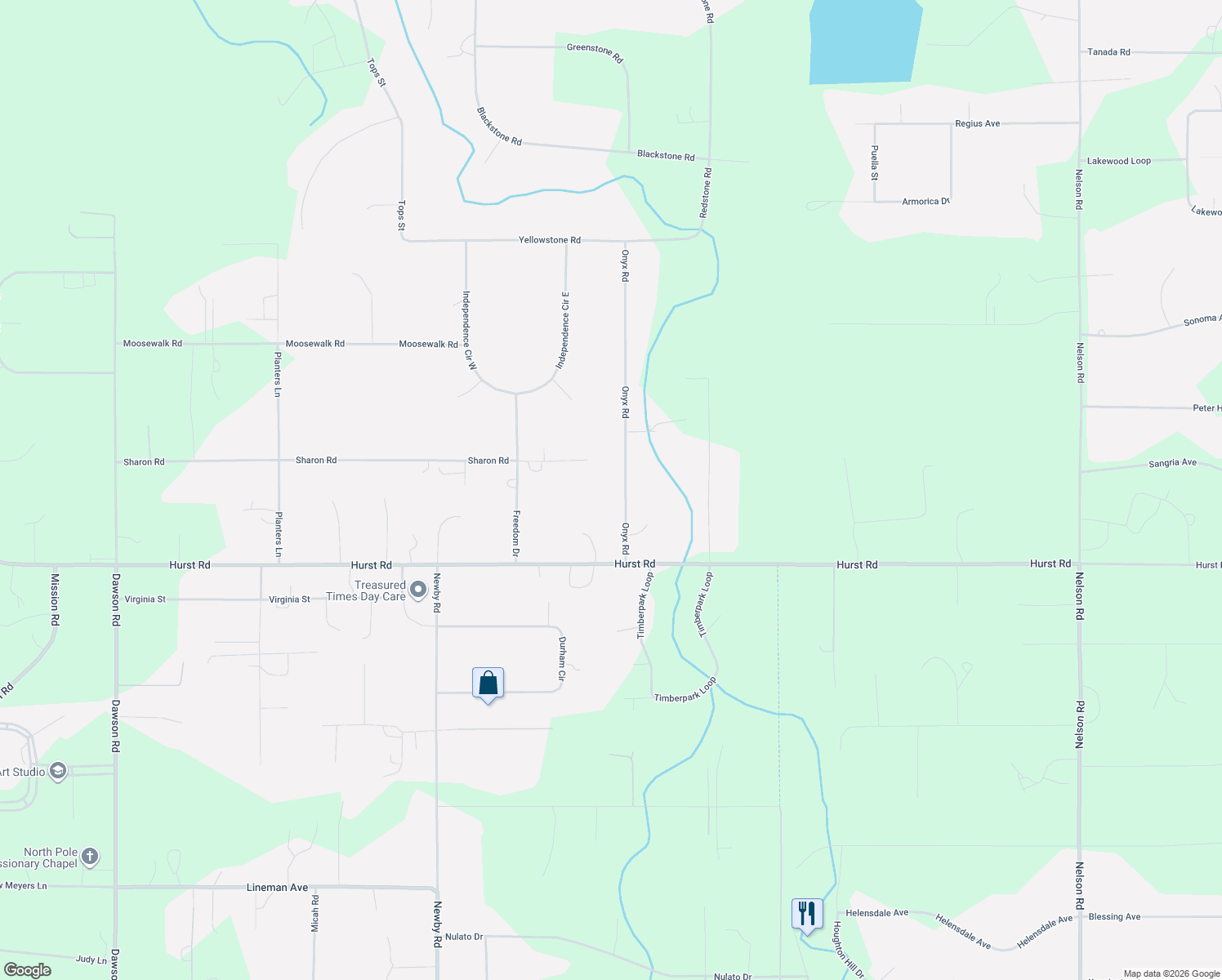 map of restaurants, bars, coffee shops, grocery stores, and more near 2303 Onyx Road in North Pole