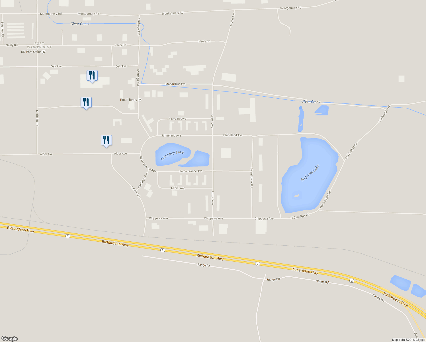 map of restaurants, bars, coffee shops, grocery stores, and more near Ile De France Avenue in Fairbanks