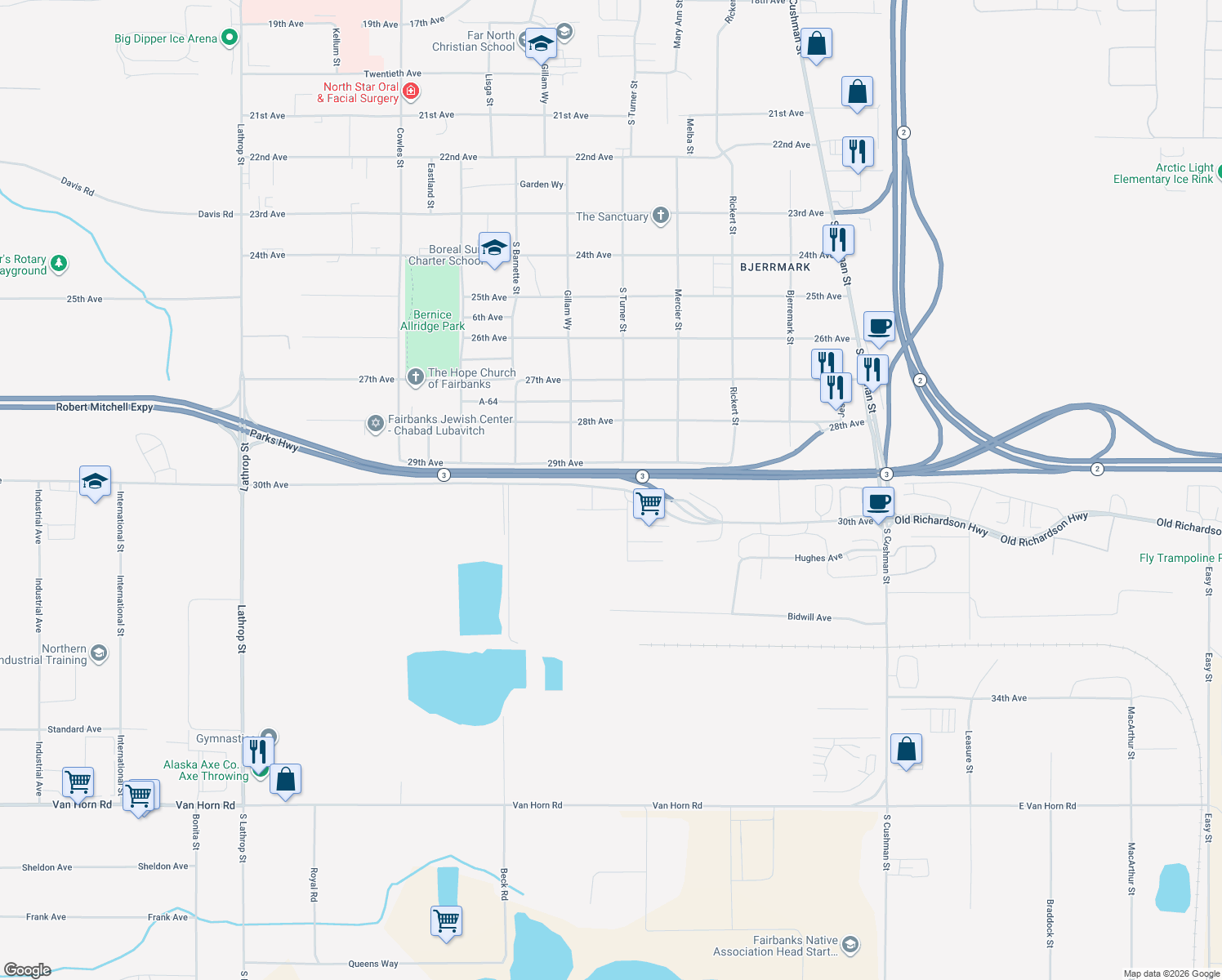 map of restaurants, bars, coffee shops, grocery stores, and more near 1015 30th Avenue in Fairbanks