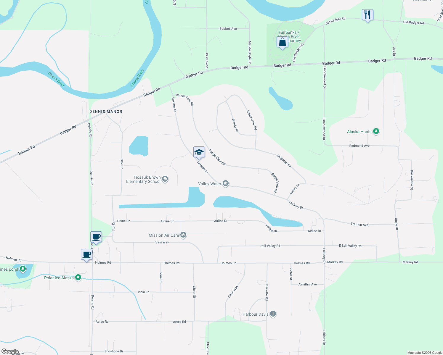 map of restaurants, bars, coffee shops, grocery stores, and more near 846 Lakloey Drive in North Pole