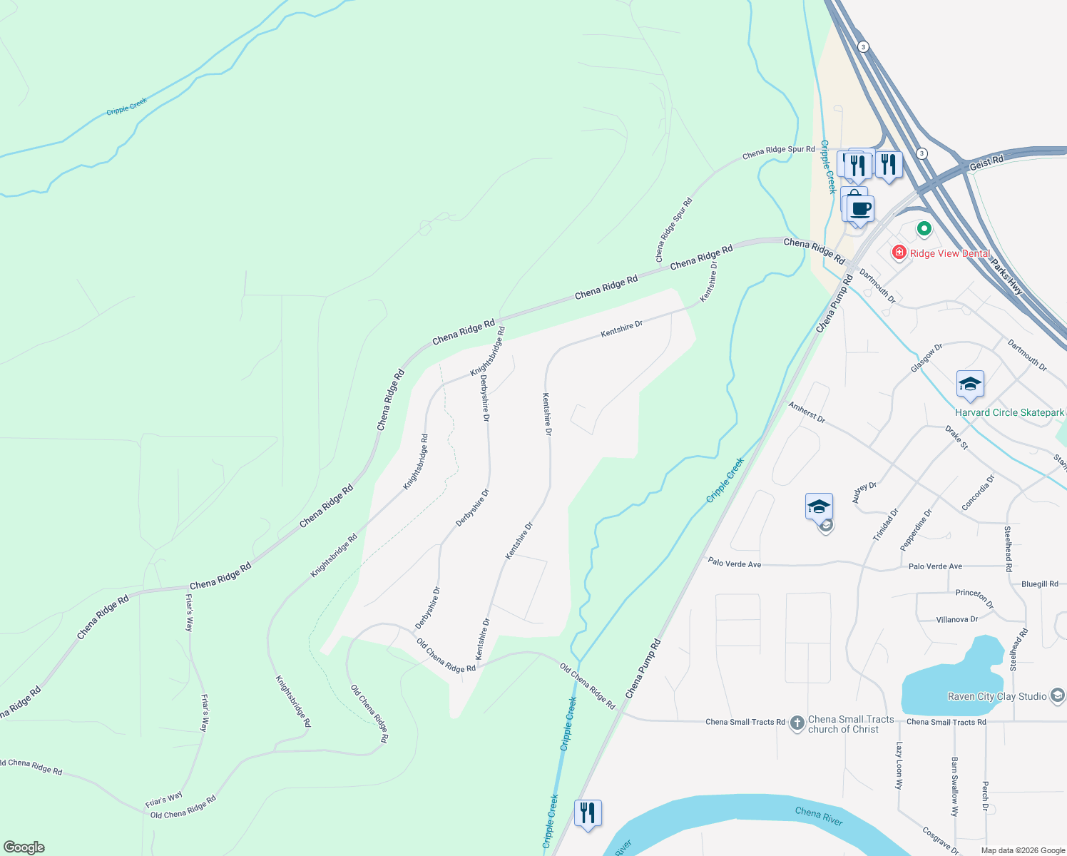 map of restaurants, bars, coffee shops, grocery stores, and more near 565 Kentshire Dr in Fairbanks