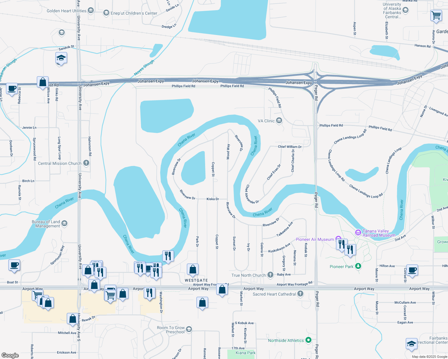 map of restaurants, bars, coffee shops, grocery stores, and more near 3021 Riverview Drive in Fairbanks