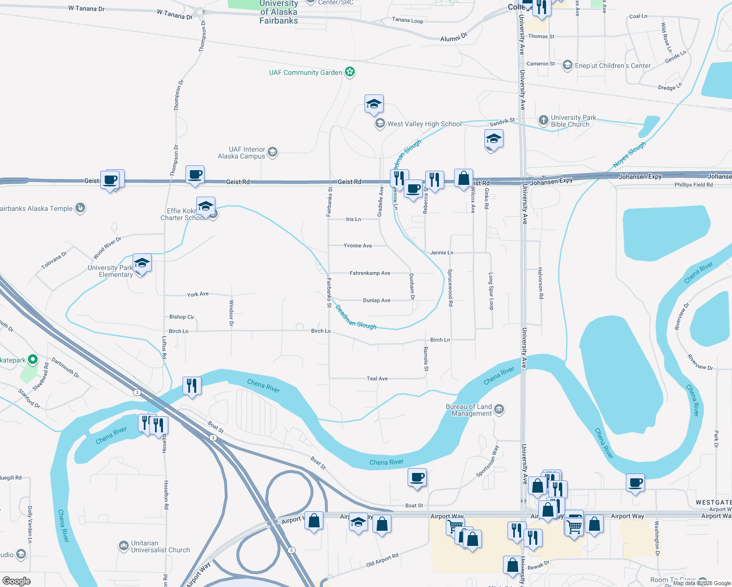 map of restaurants, bars, coffee shops, grocery stores, and more near 4048 Dunlap Ave in Fairbanks