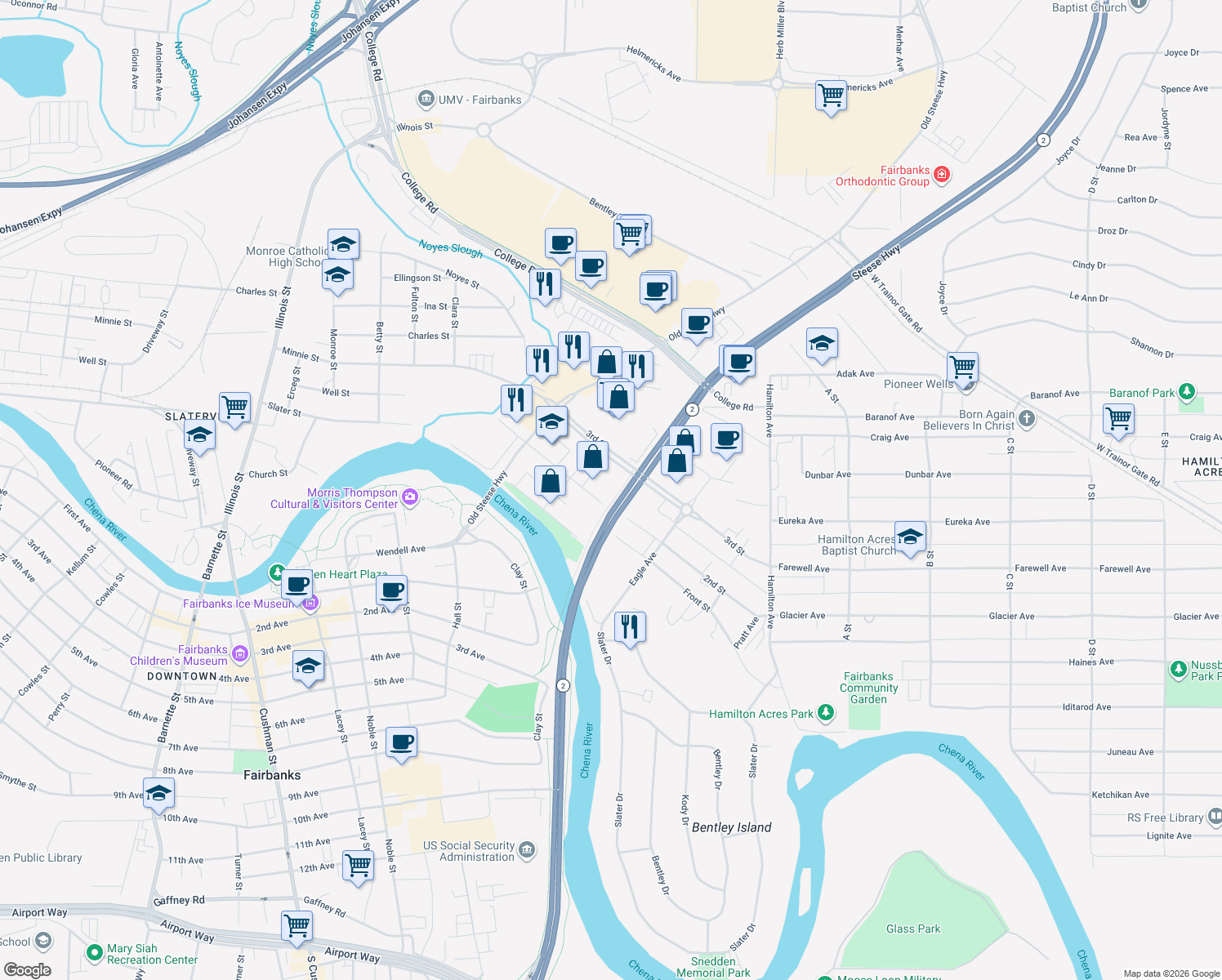 map of restaurants, bars, coffee shops, grocery stores, and more near 326 2nd St in Fairbanks