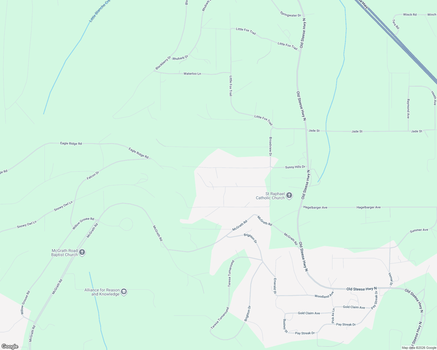 map of restaurants, bars, coffee shops, grocery stores, and more near 175 Sunny Hills Drive in Fairbanks