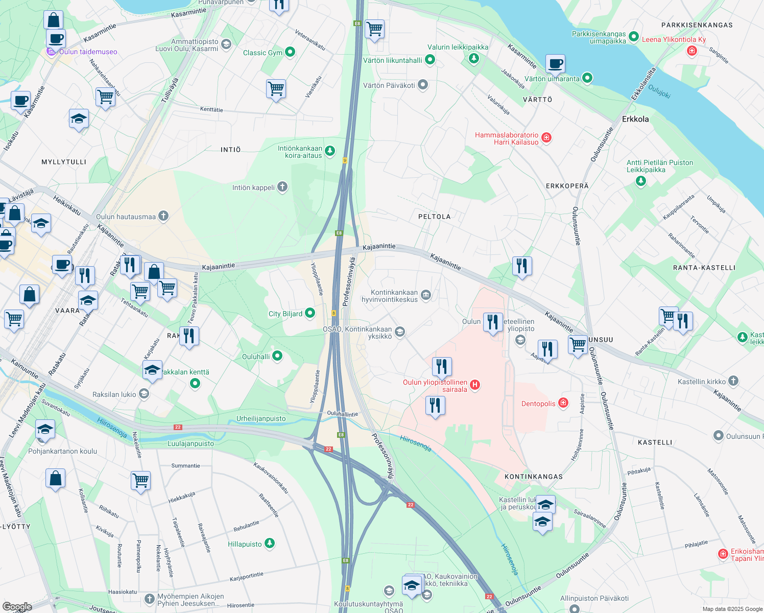 map of restaurants, bars, coffee shops, grocery stores, and more near in Oulu
