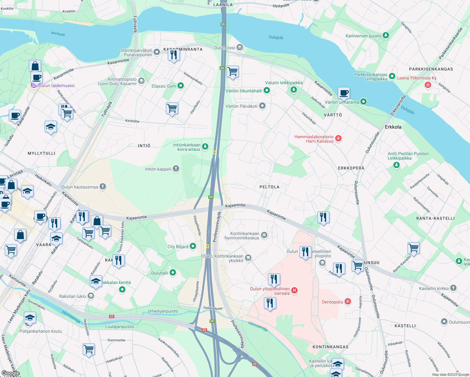 map of restaurants, bars, coffee shops, grocery stores, and more near in Oulu