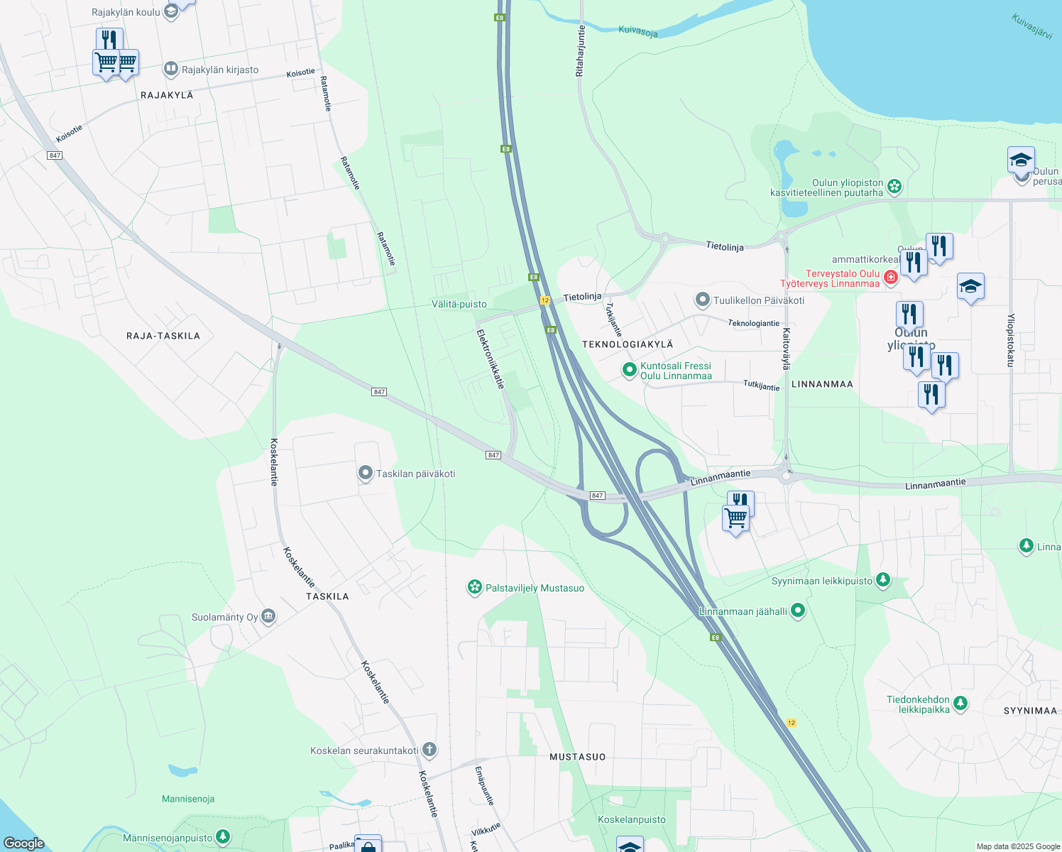 map of restaurants, bars, coffee shops, grocery stores, and more near 2 Elektroniikkatie in Oulu