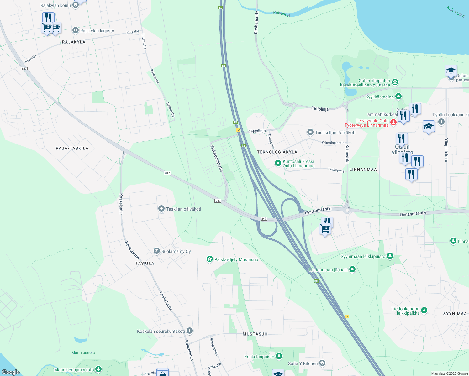 map of restaurants, bars, coffee shops, grocery stores, and more near 2 Elektroniikkatie in Oulu