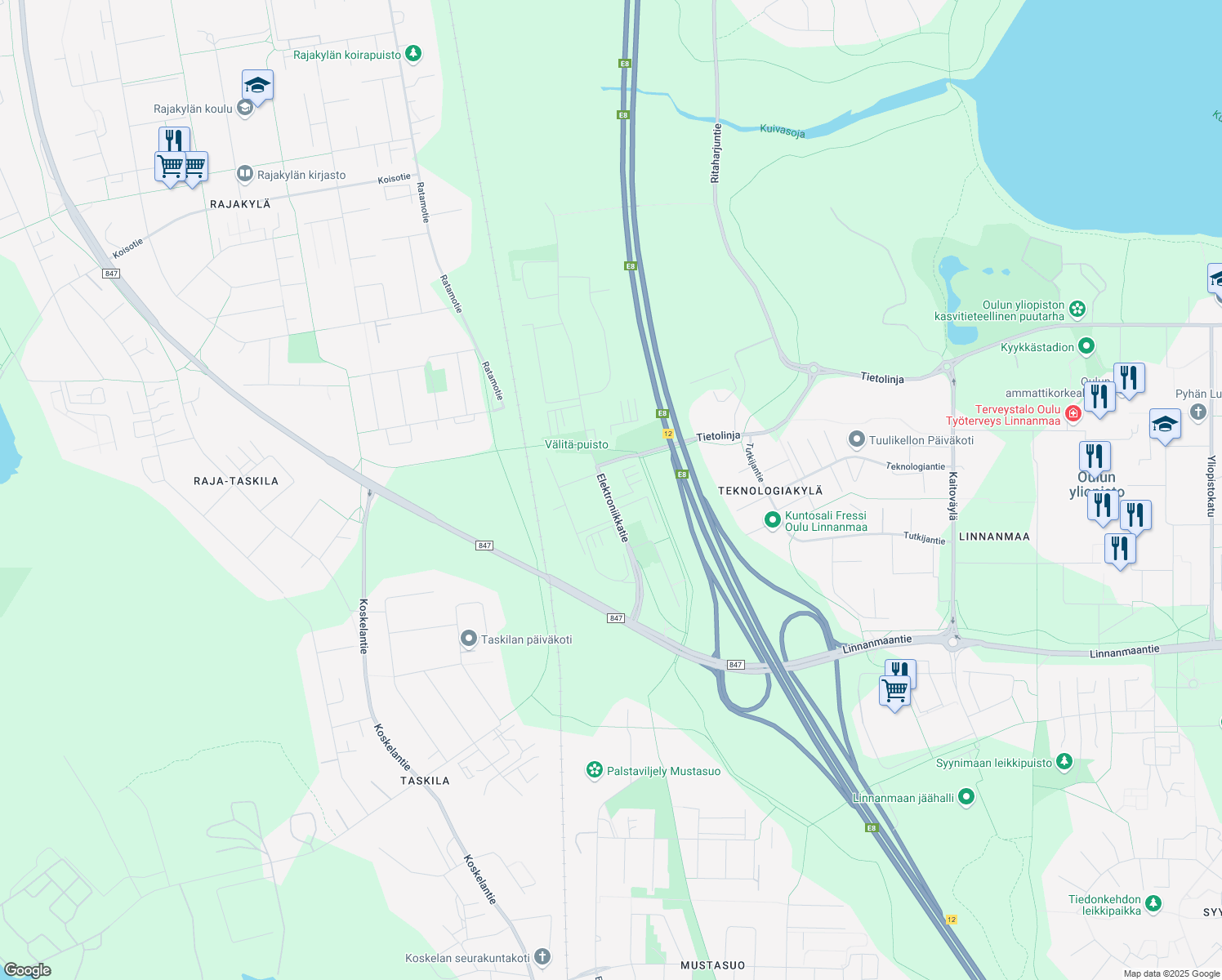 map of restaurants, bars, coffee shops, grocery stores, and more near in Oulu