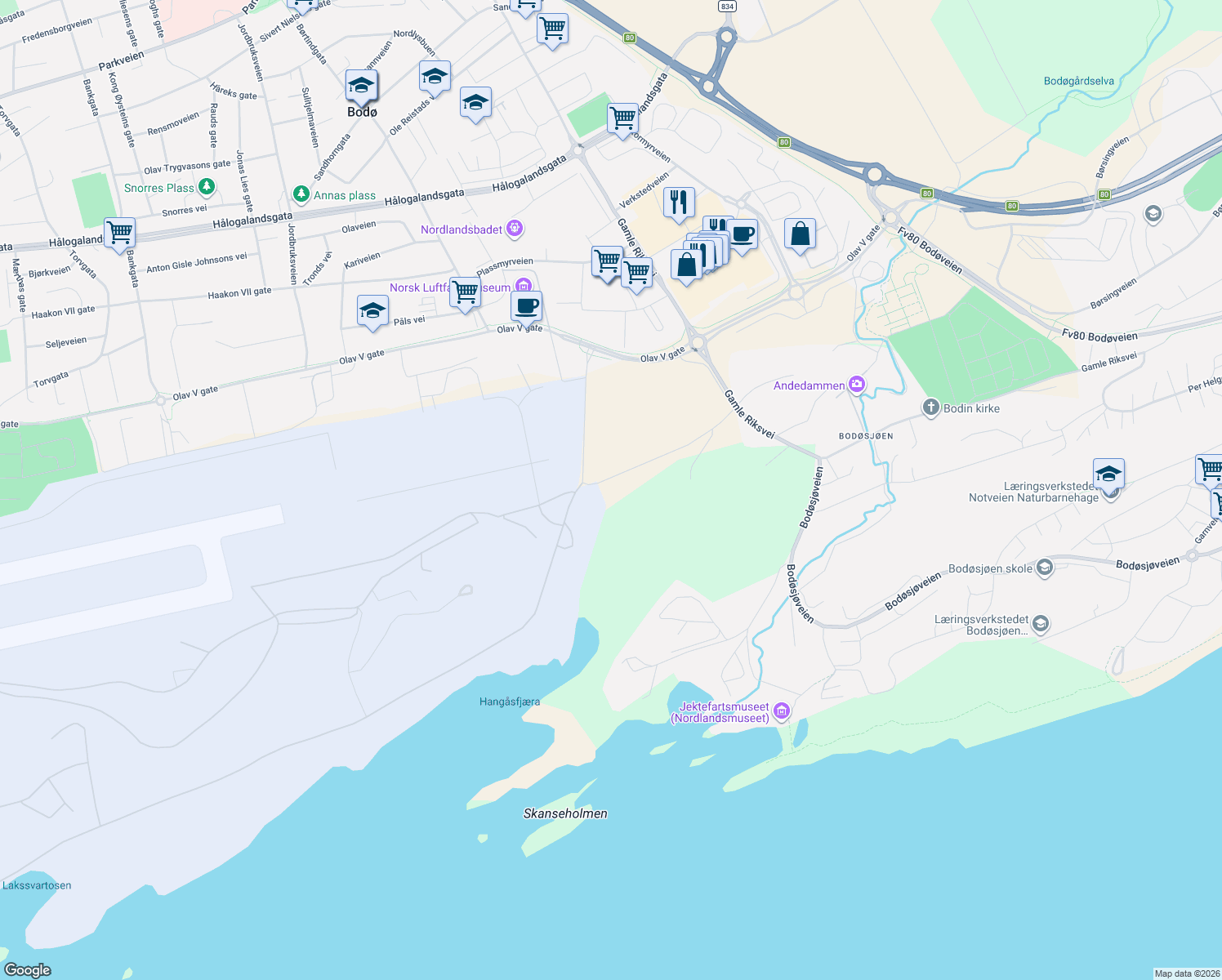 map of restaurants, bars, coffee shops, grocery stores, and more near 2 Rishaugveien in Bodø