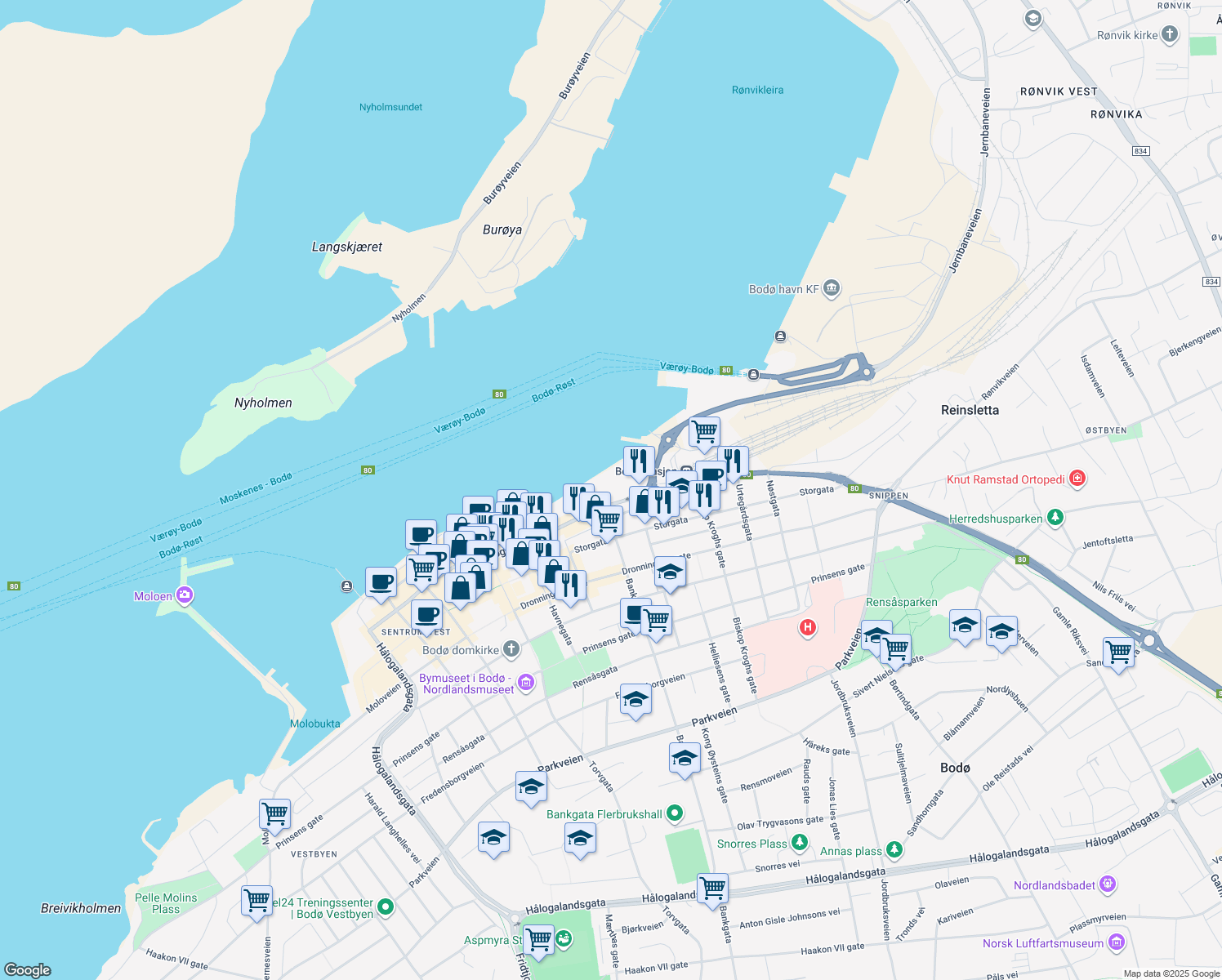 map of restaurants, bars, coffee shops, grocery stores, and more near 48 Storgata in Bodø