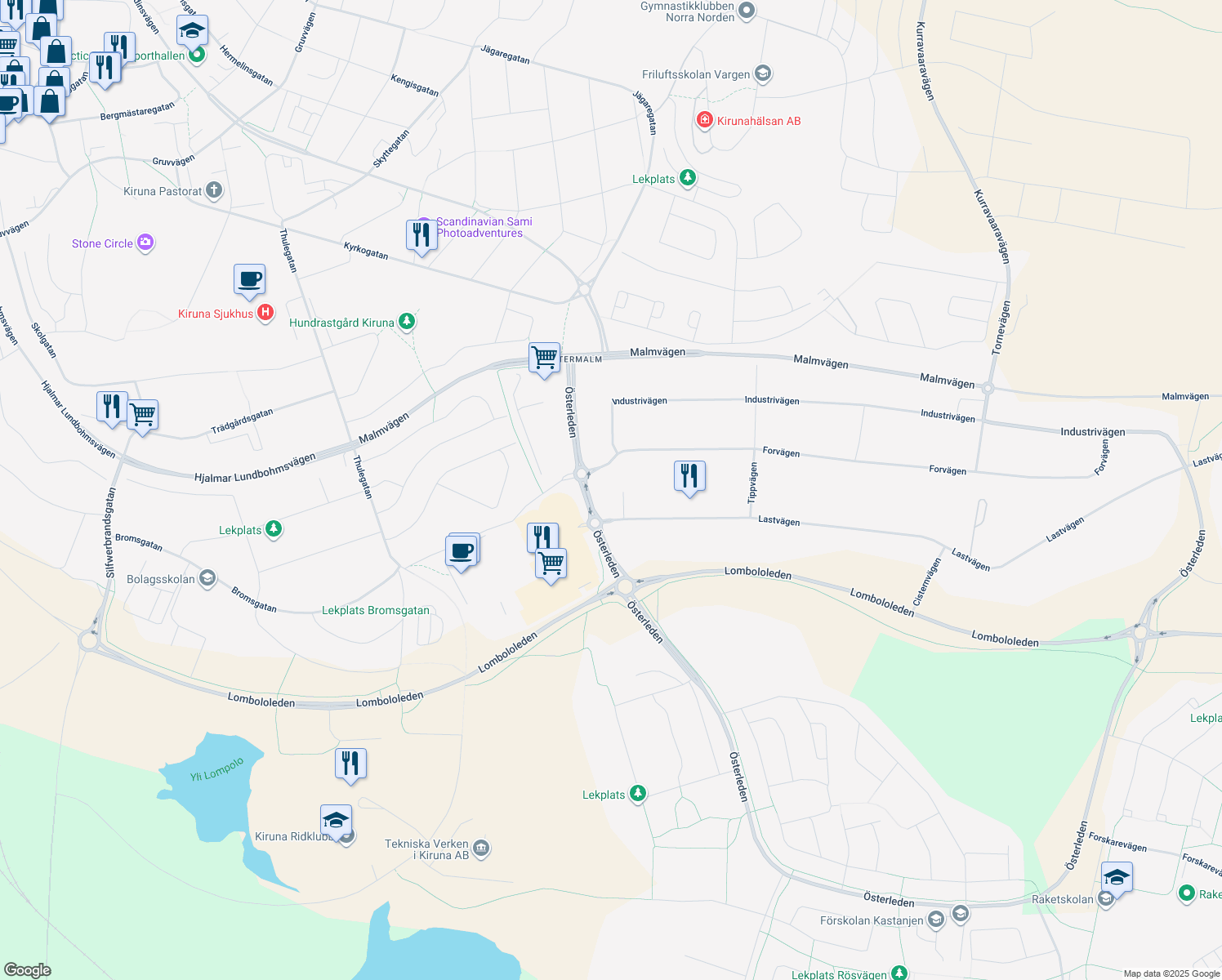 map of restaurants, bars, coffee shops, grocery stores, and more near 9 Lastvägen in Kiruna