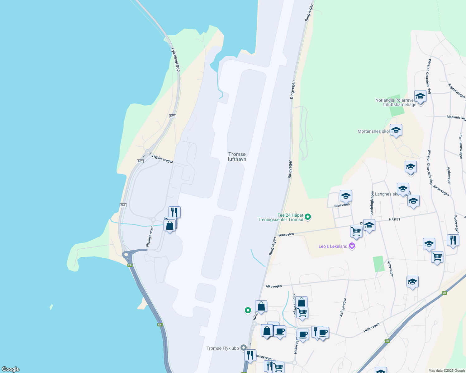 map of restaurants, bars, coffee shops, grocery stores, and more near 31 Flyplassvegen in Tromsø