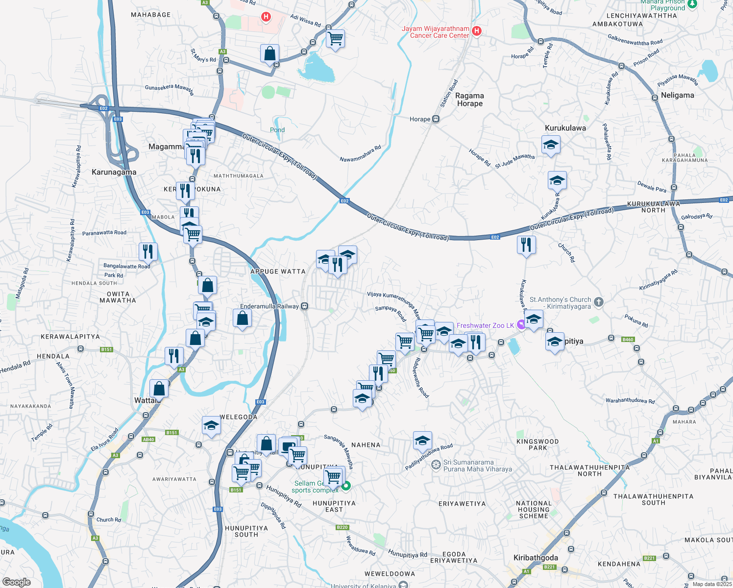 map of restaurants, bars, coffee shops, grocery stores, and more near Gongithota Road in Wattala