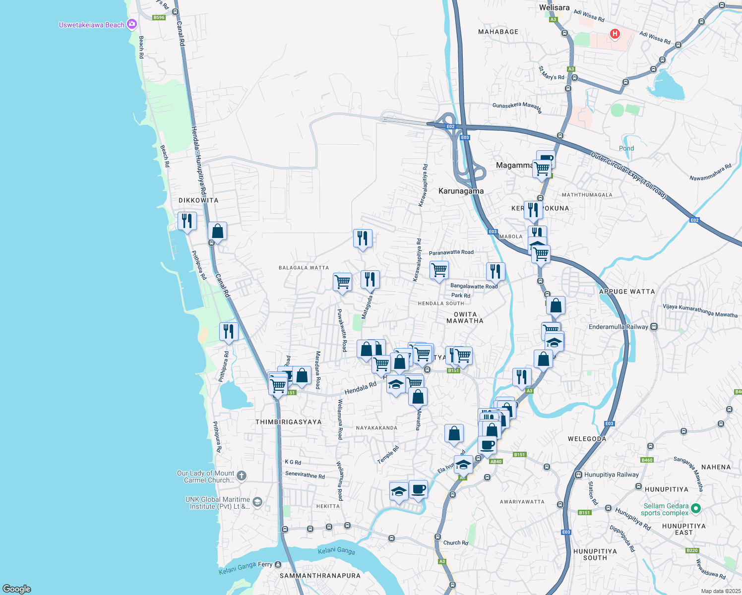 map of restaurants, bars, coffee shops, grocery stores, and more near Matagoda Road in Wattala