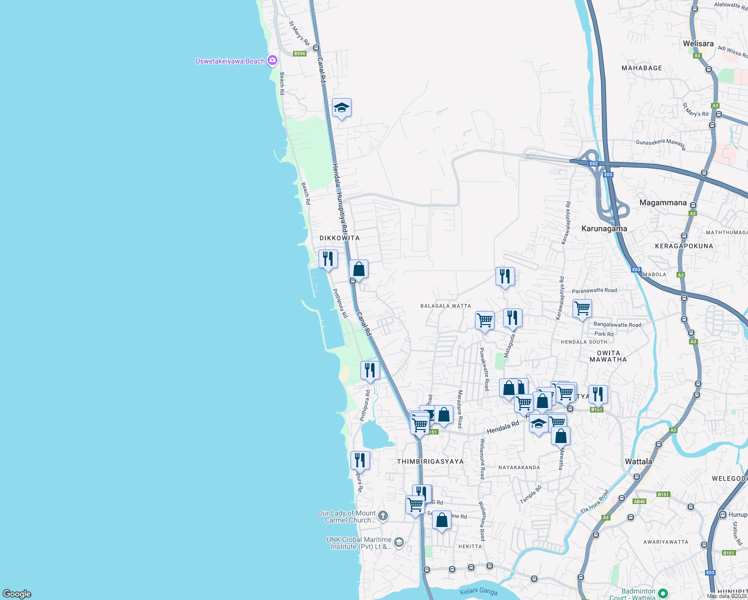 map of restaurants, bars, coffee shops, grocery stores, and more near 21 Cardinal Cooray Mawatha in Wattala