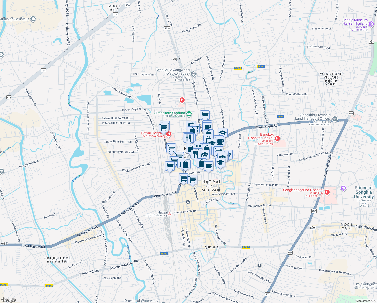 map of restaurants, bars, coffee shops, grocery stores, and more near Nipatsongkrew 1 in Amphoe Hat Yai