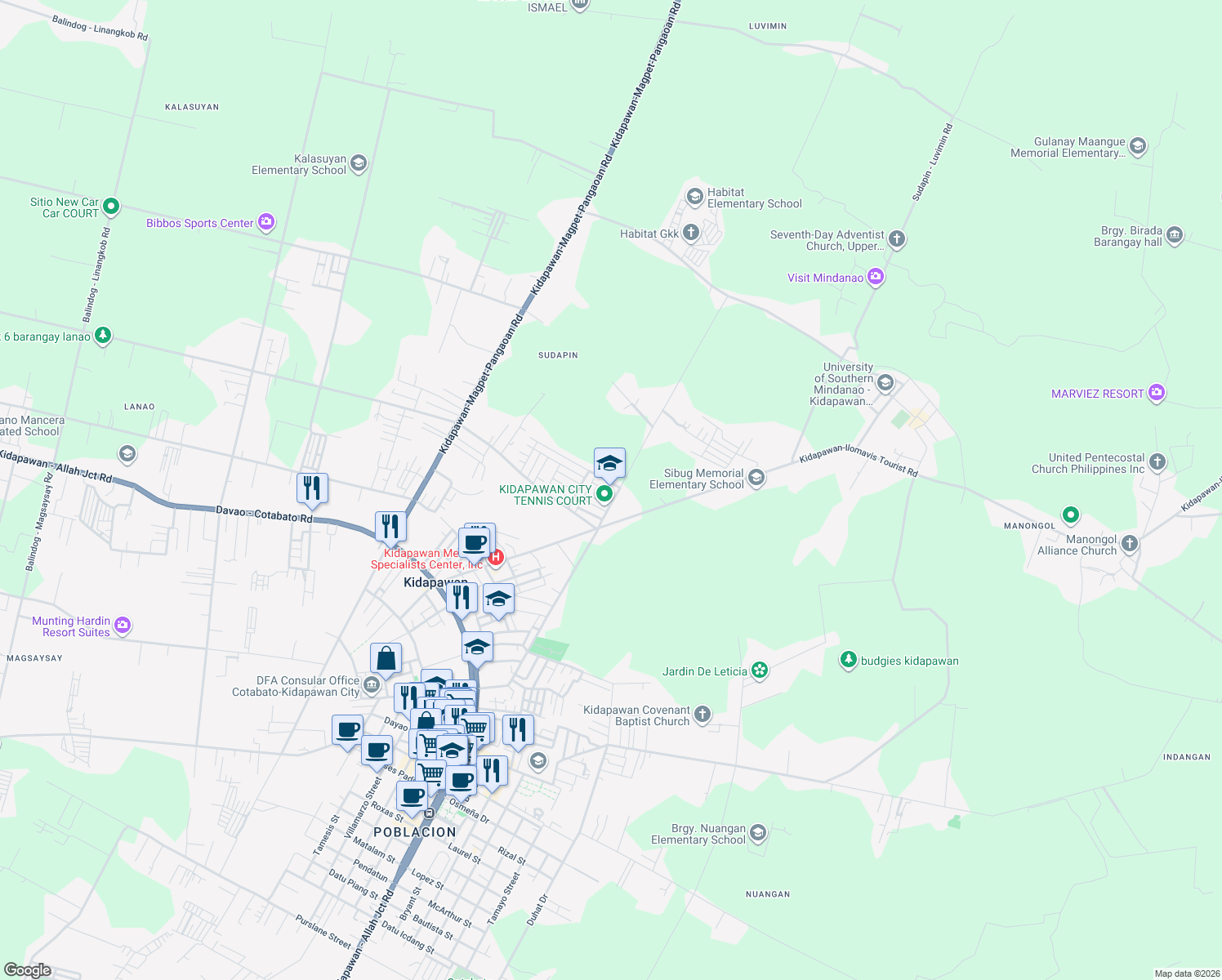 map of restaurants, bars, coffee shops, grocery stores, and more near  in Kidapawan City