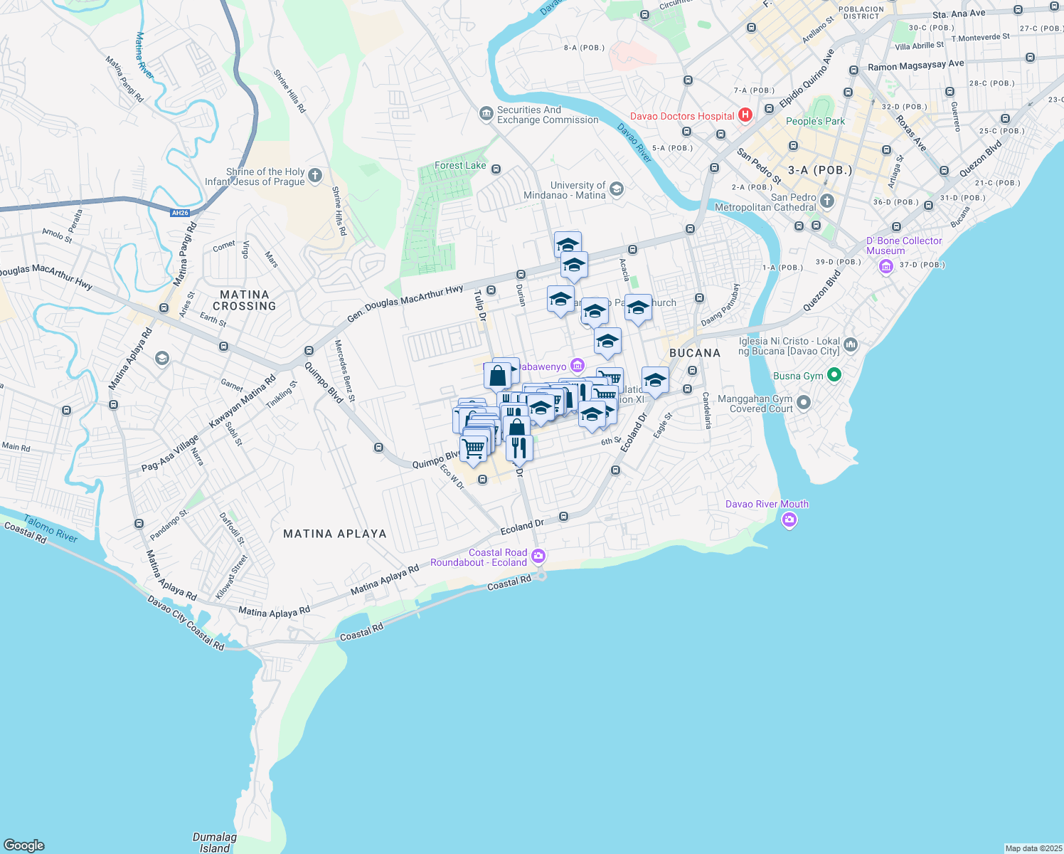 map of restaurants, bars, coffee shops, grocery stores, and more near Quimpo Boulevard in Davao City