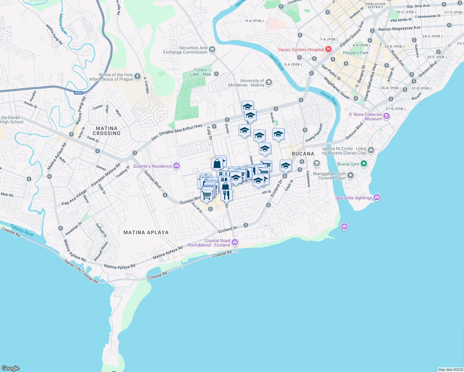 map of restaurants, bars, coffee shops, grocery stores, and more near Quimpo Boulevard in Davao City