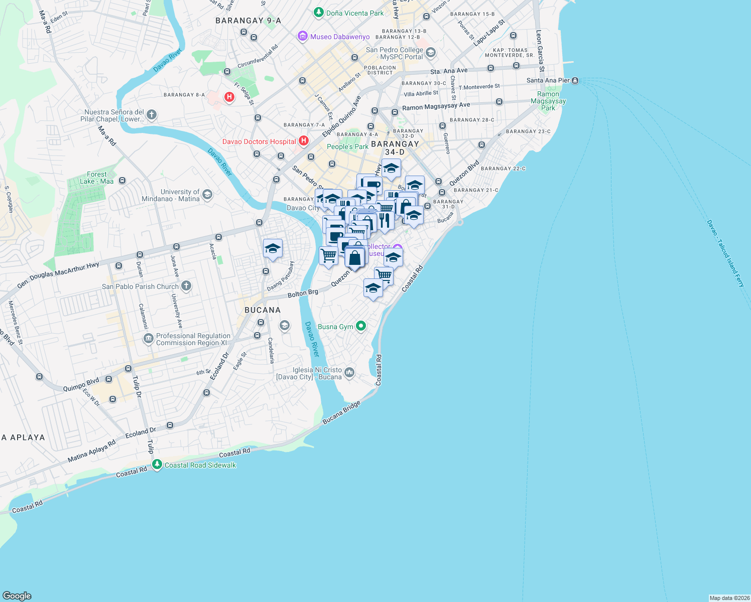 map of restaurants, bars, coffee shops, grocery stores, and more near Nograles Avenue in Davao City