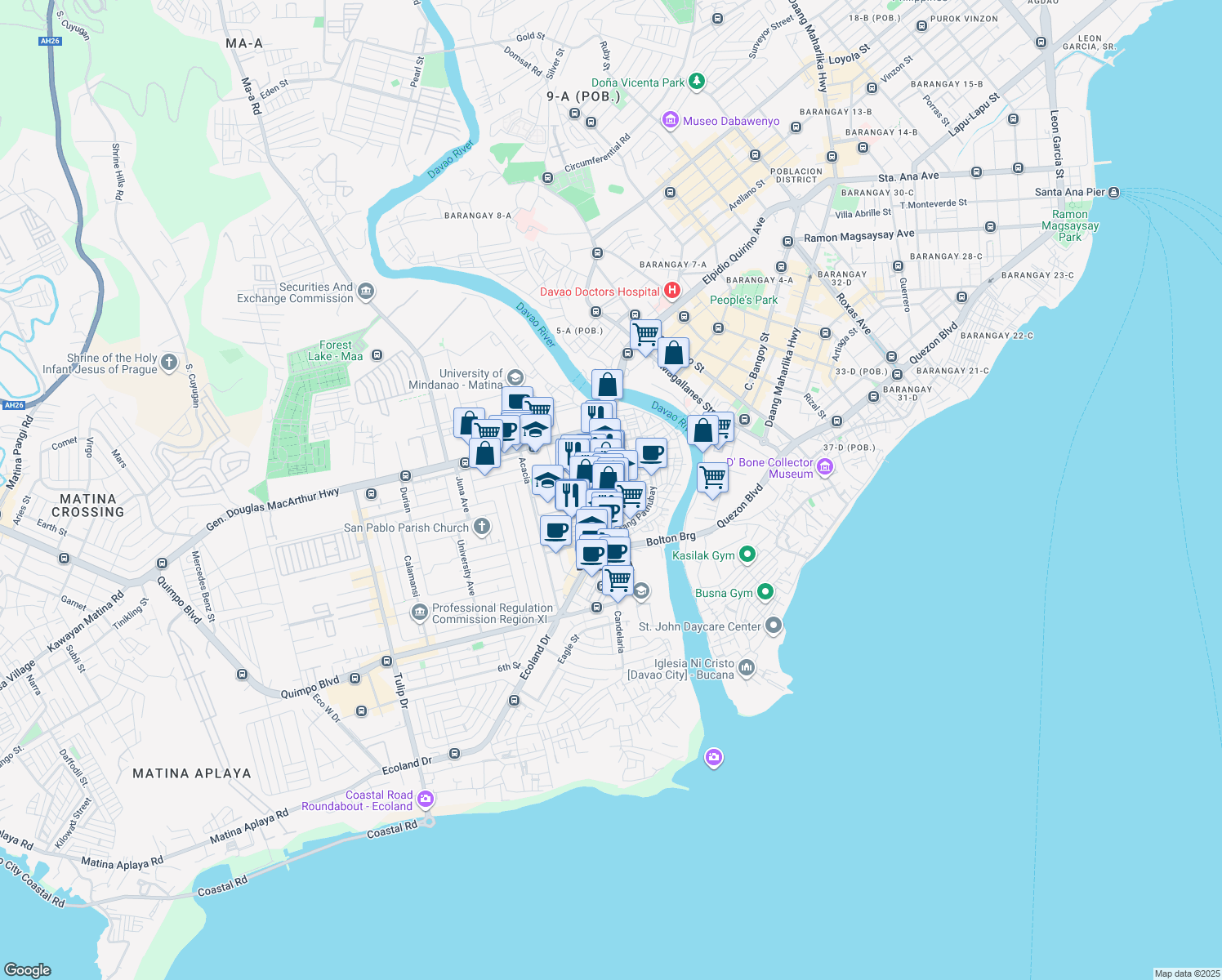 map of restaurants, bars, coffee shops, grocery stores, and more near Guillermo E. Torres Street in Davao City