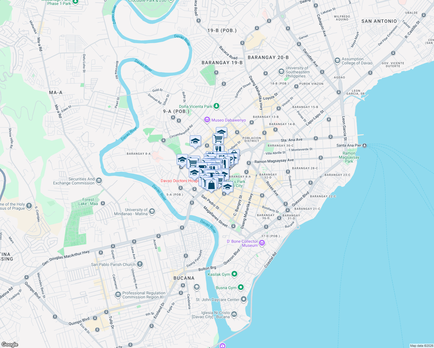 map of restaurants, bars, coffee shops, grocery stores, and more near Mount Mayon Street in Davao City