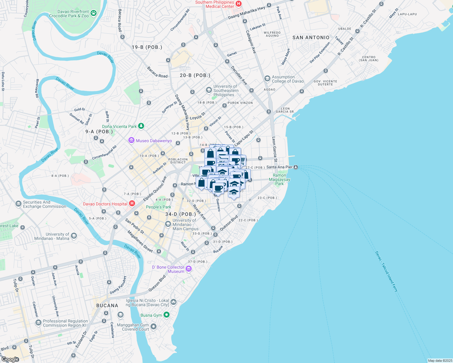 map of restaurants, bars, coffee shops, grocery stores, and more near Ramon Magsaysay Avenue in Davao City