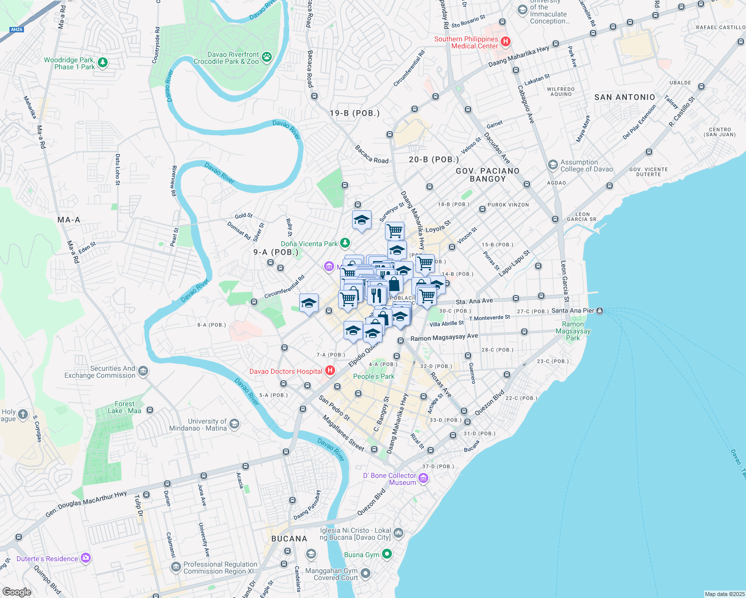 map of restaurants, bars, coffee shops, grocery stores, and more near V. Mapa Street in Davao City