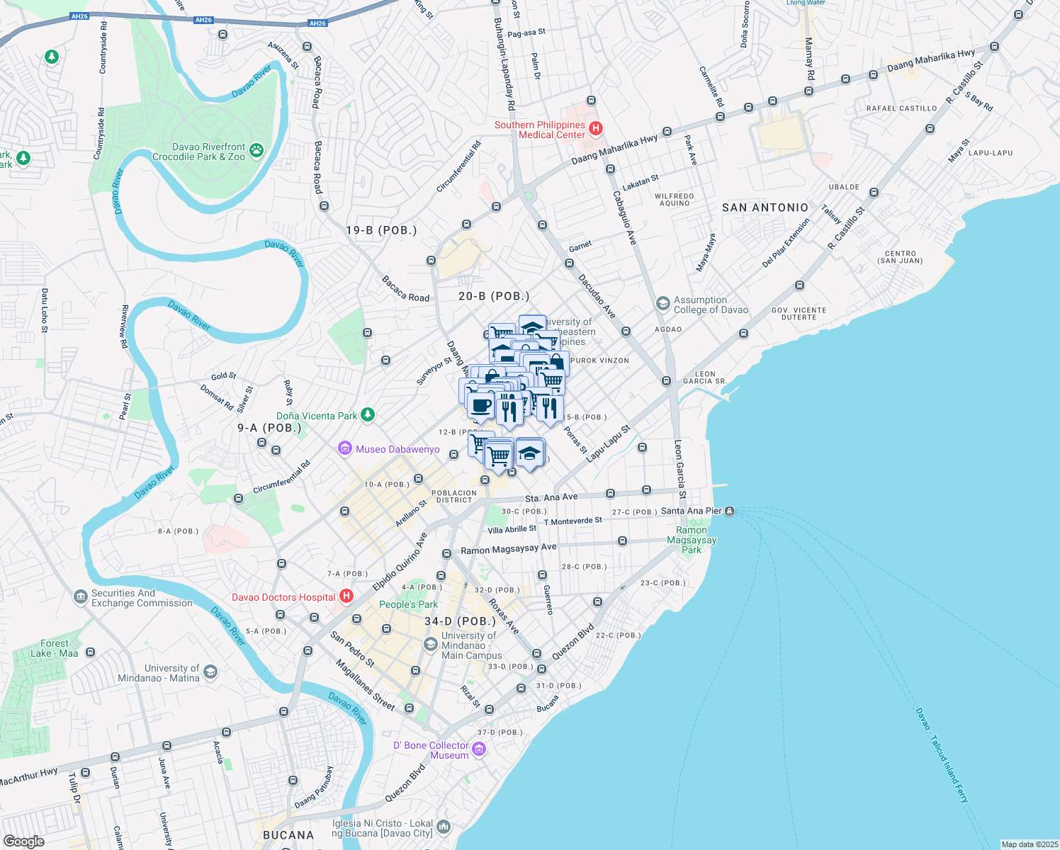 map of restaurants, bars, coffee shops, grocery stores, and more near Sobrecarey Street in Davao City