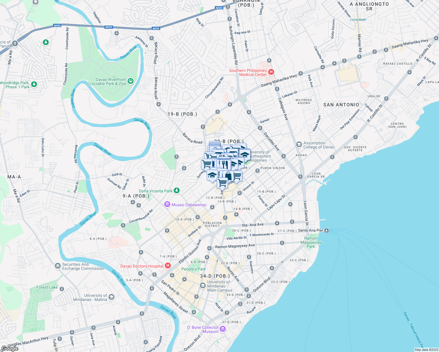 map of restaurants, bars, coffee shops, grocery stores, and more near Iñigo Street in Davao City