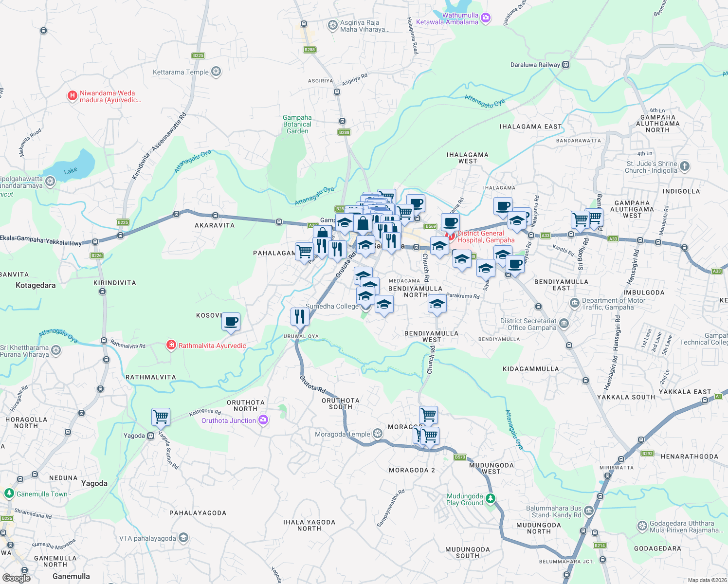 map of restaurants, bars, coffee shops, grocery stores, and more near Vishaka Road in Gampaha