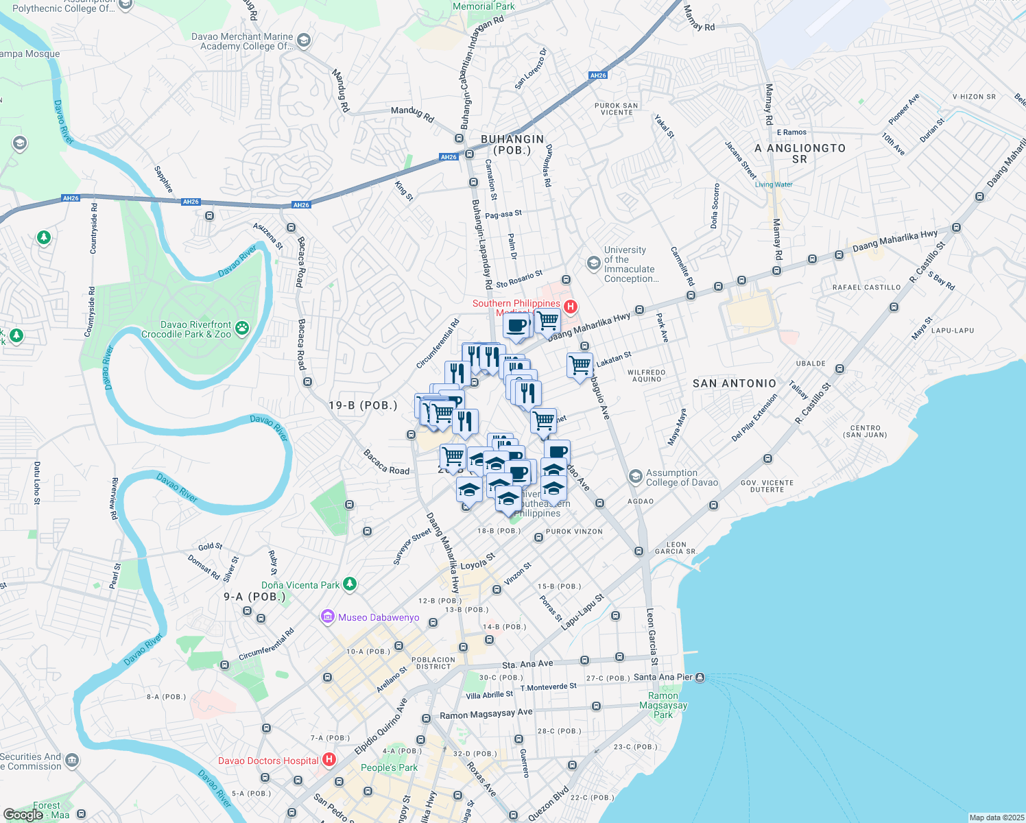 map of restaurants, bars, coffee shops, grocery stores, and more near Acacia Street in Davao City