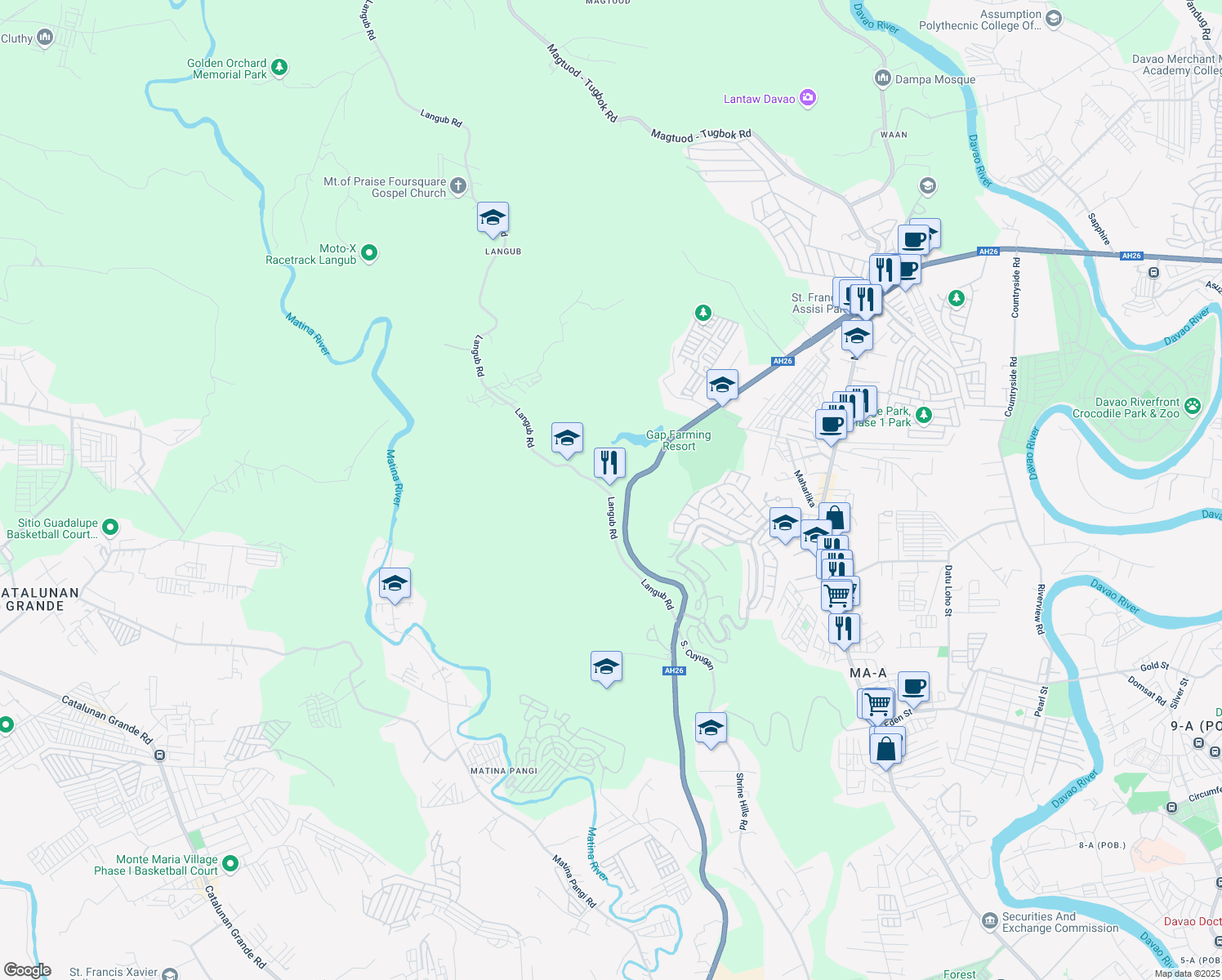 map of restaurants, bars, coffee shops, grocery stores, and more near Langub Road in Davao City