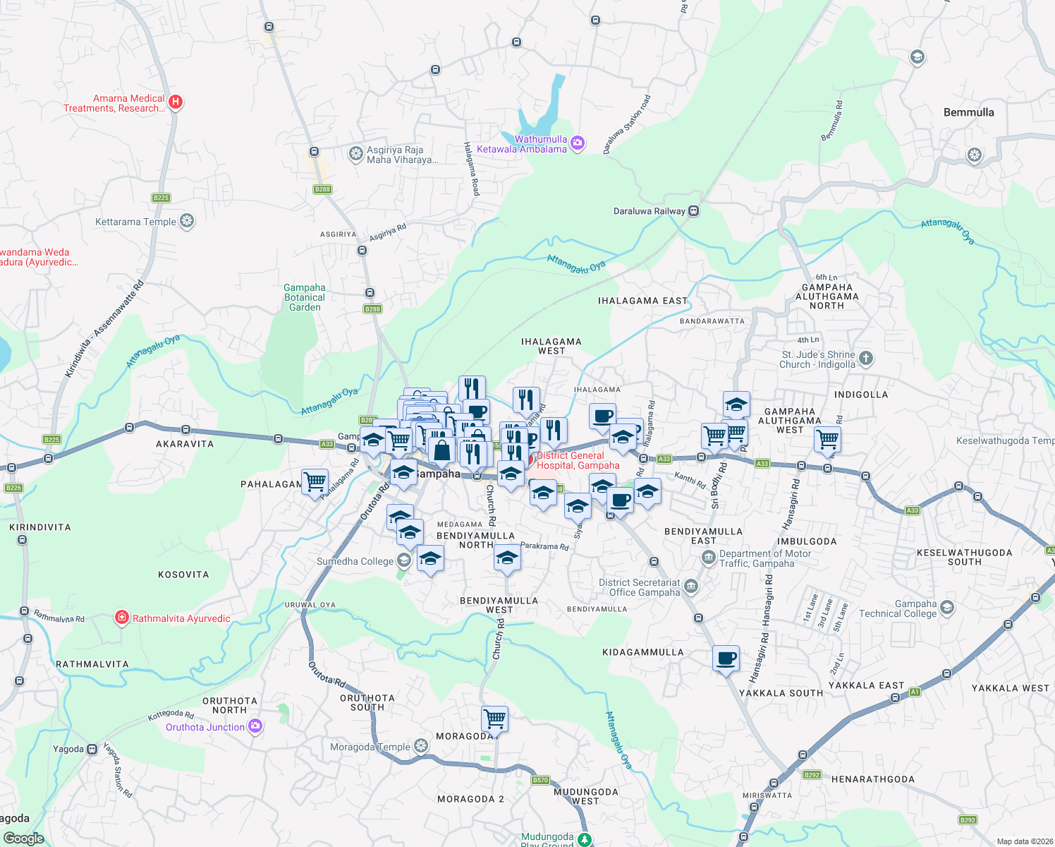 map of restaurants, bars, coffee shops, grocery stores, and more near Vijayarama Road in Gampaha