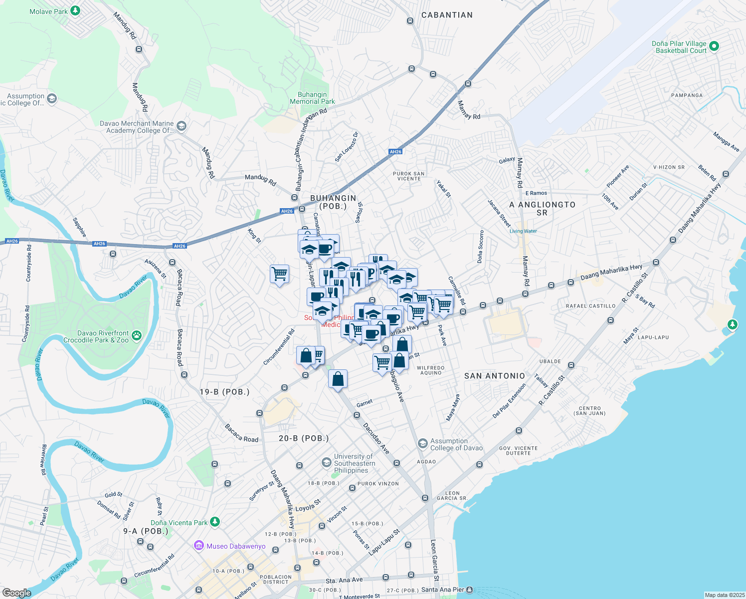 map of restaurants, bars, coffee shops, grocery stores, and more near Dumanlas Road in Davao City