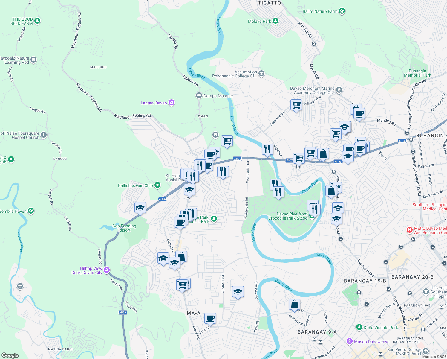 map of restaurants, bars, coffee shops, grocery stores, and more near Km 18 Crossing Eliong Road in Davao City