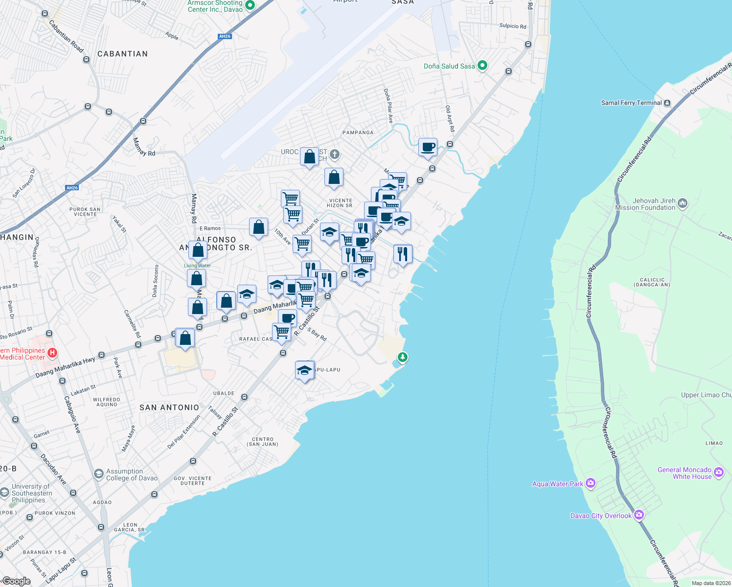 map of restaurants, bars, coffee shops, grocery stores, and more near Lizada Street in Davao City